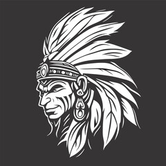 esport mascot north american indian chief tattoo, heavy lines, black background, vector illustration line art