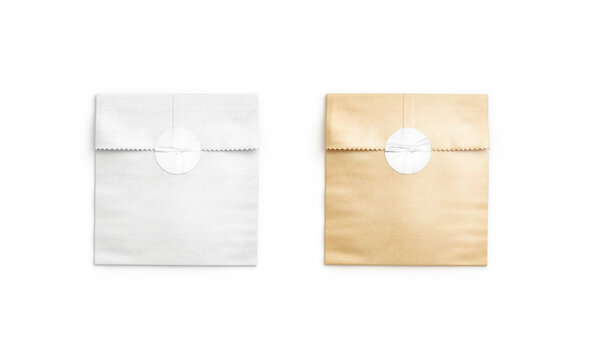 Blank White And Craft Square Paper Bag With Sticker Mockup