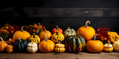 Pumpkin Medley on Wooden Floor - Autumn Season Greetings and Celebrations