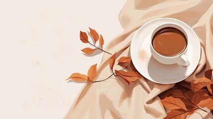 Autumn still life flat lay with cup of coffee, and plaid on white background. Fall decoration for Thanksgiving day. created with Generative AI technology