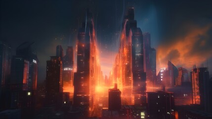 Obraz premium fire in the city tall buildings of new york generative art