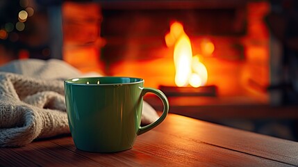 Mug with hot tea standing on a table with woolen blanket in a cozy living room with fireplace. Cozy winter day. created with Generative AI technology