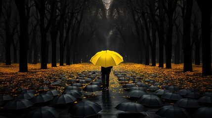 Yellow Umbrella in Dark Scene
