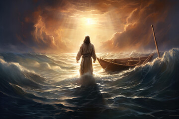 Christ the Comforter: The Master of Elements - Jesus Walking Firmly on Stormy Seas, Reaching Out to Aid a Foundering Boat, Illuminating the Darkness with His Divine, Soothing Radiance
