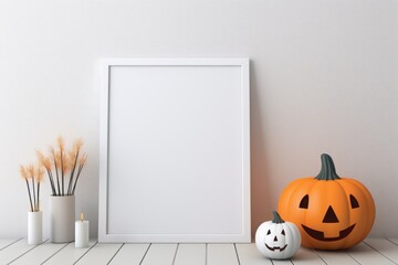 Halloween photo frame mockup background with pumpkin. Generative AI.