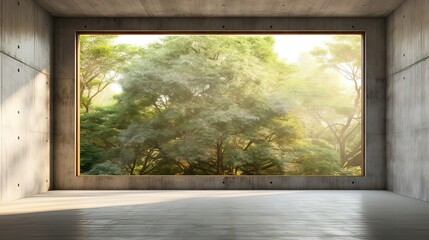 Empty Concrete Room With Big WIndow Tree Outside