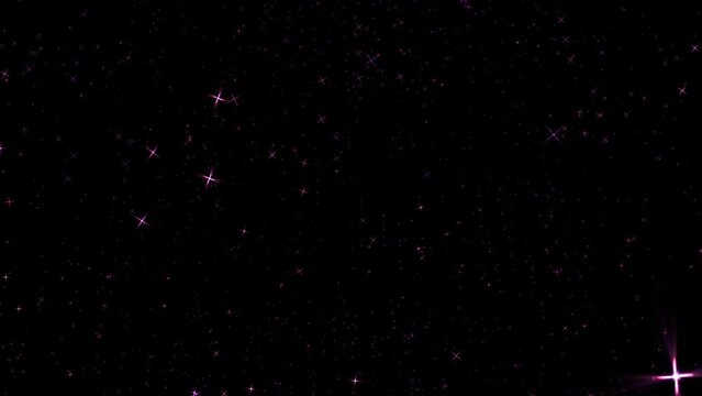 Loop of glowing shine pink stars particles animation on black background flow to fron for screen project overlay.Graphic motion overlay effect loop with galaxy sky particles twinkling light in the spa