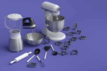 Mixer and bowl with kitchen utensil for preparation of dough on violet
