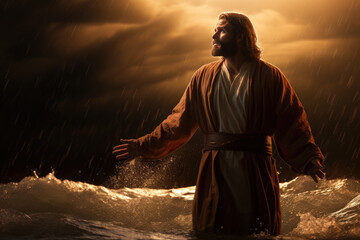 Calm Amidst Chaos: The Miraculous Rescuer - Jesus Walking Confidently on a Storm-Ravaged Sea, Reaching Out to a Sinking Boat, Surrounding All with His Divine, Comforting Glow
