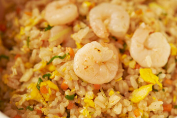 Shrimp and egg fried rice on a plate