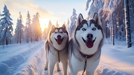 Sled dog Siberian husky is driving a sled through a winter snow-covered forest created with Generative AI technology