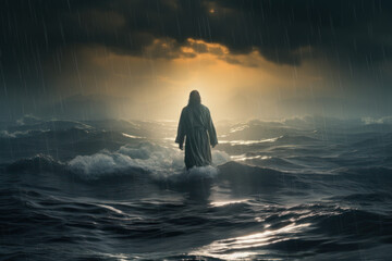 Savior of the Sea: The Guiding Light - Jesus Christ Standing Serenely on Agitated Waters, Extending His Hand to a Struggling Boat, Infusing the Surroundings with a Divine, Tranquil Luminescence
