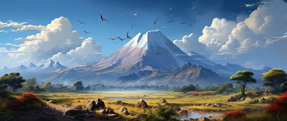realistic dinasours with mountain background