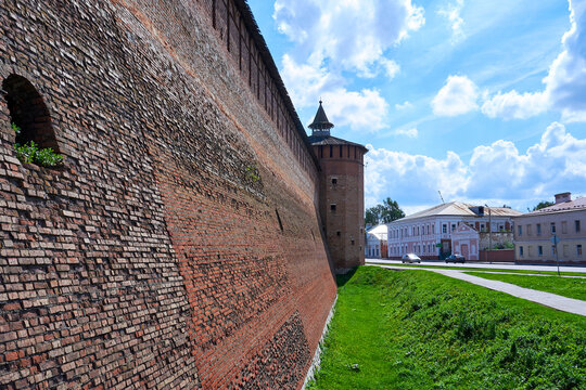 Kolomna, Russia - August 10, 2023: Ancient fortress wall in Kolomna. Old Russian architecture