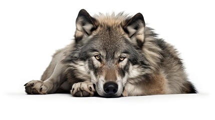 wolf laying down isolated on white