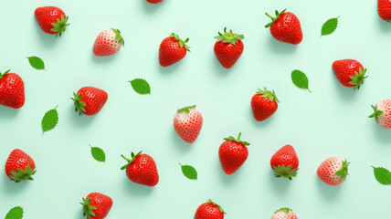 Serene Symphony of Ethereal Strawberry Elegance: A Multidimensional 3D Abstract Backdrop Embellished with Juicy Strawberry Chunks, Slices, and Hints of Light Blue Minimalism