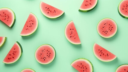 Tropical Watermelon Infusion: A 3D Abstract Background Infused with Fruity Watermelon Chunks and Slices on a Green Minimalist Canvas