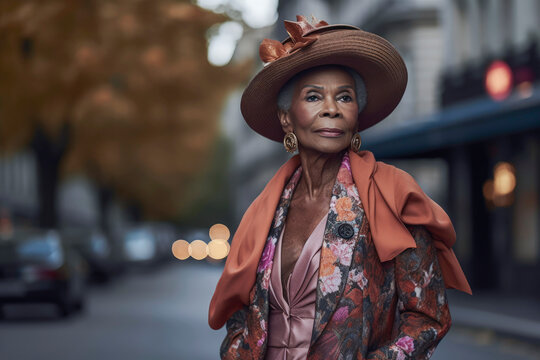 Generative AI illustration of old black woman in elegant clothes and hat looking away while standing in blurred street at sunset in Paris