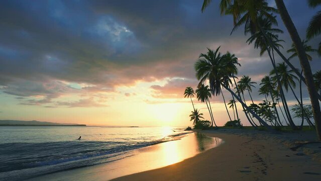 Picturesque landscape of a palm beach in the evening sunset. Twilight on a tropical island. Calm mediterranean sea, colorful fluffy glowing orange clouds in the evening sky, sandy coastline.