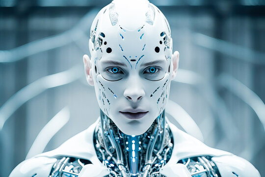Generative AI illustration of porcelain white male android robot looking at camera while standing against blurred background