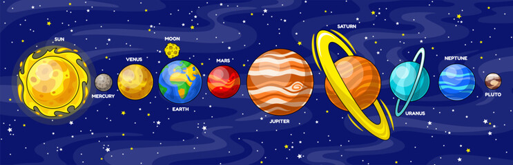 Cartoon planets of solar system. Planetary order scheme. Colorful vector illustration on space theme. Universe. Star Sun and planets Earth, Moon, Mars, Saturn and other. Perfect for education children © Alyona-Simona