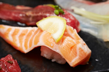 Different types of sushi on a plate