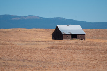 abandoned barn out building baron field with mountain range behind