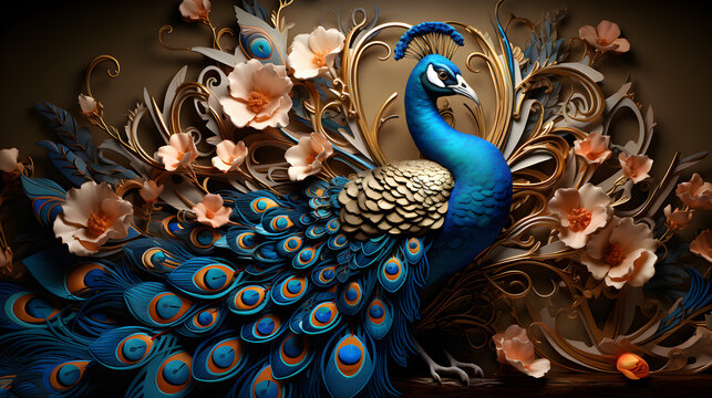 A peacock, featuring opulent golden accents and regal motifs, 3D style