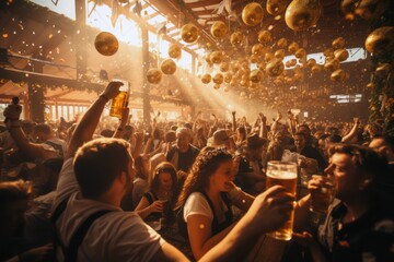 Oktoberfest, Munich. People in traditional costumes drinking beer and having fun - obrazy, fototapety, plakaty