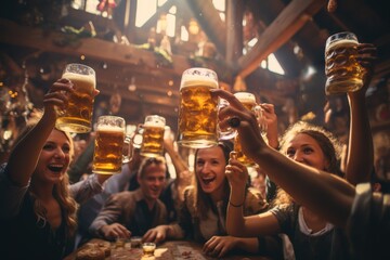 Oktoberfest, Munich. People in traditional costumes drinking beer and having fun - obrazy, fototapety, plakaty