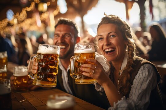 Oktoberfest, Munich. Young couple in traditional costumes drinking beer, beer festival.
