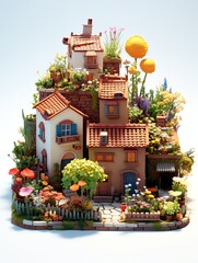 Fototapeta na wymiar 3D house illustration with plant, flowers, trees