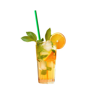 Tropical alcohol cocktail with ice and mint on transparent background