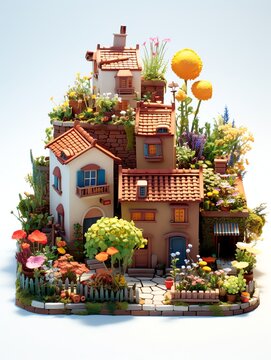 3D house illustration with plant, flowers, trees