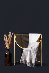 Stylish armchair with blanket and pampas grass in vase on black background