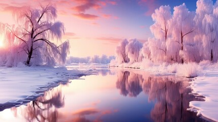 Winter panorama landscape. Winterly morning of a new day. Purple winter landscape with dawn created with Generative AI technology