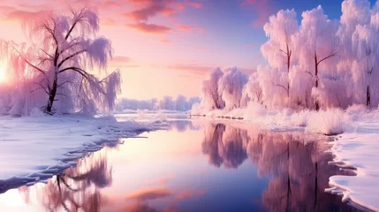 Wall murals Light Pink Winter panorama landscape. Winterly morning of a new day. Purple winter landscape with dawn created with Generative AI technology