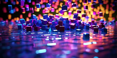 Obraz premium Dropping Colorful 3D cubes on dark background. ai generative