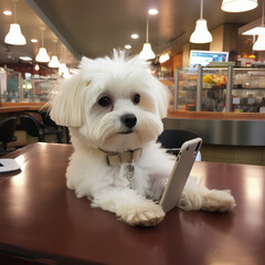 An AI-generated heartwarming photo of a cute Maltese puppy taking a selfie at the cafe. An innocent exploration, carefree fun, friendship and playful simplest pleasure.