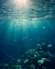Obraz premium Underwater illustration of garbage like plastics and rubbish floating in the sea. Concept of pollution and environmental disaster in the worlds oceans.