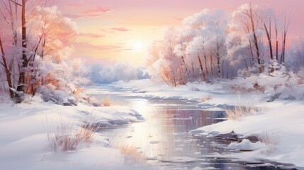 Obraz na płótnie Canvas Winter panorama landscape. Winterly morning of a new day. Purple winter landscape with dawn created with Generative AI technology