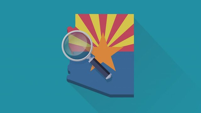Animation loop of a magnifying glass peering at the map of Arizona in the colors of Arizona State flag in flat design style with a blue background, alpha channel, transparency and white background)