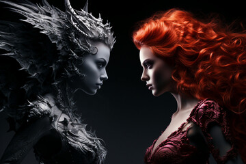Generative AI illustration of two female angels opposition grey dark and fire red hair