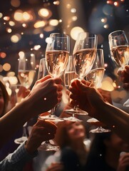 Hand holding glass of champagne, people cheering, cheers, spending a moment together with friends, party, happy moment, nightclub, restaurant, cheering, family, sparkling wine, luxury, - obrazy, fototapety, plakaty