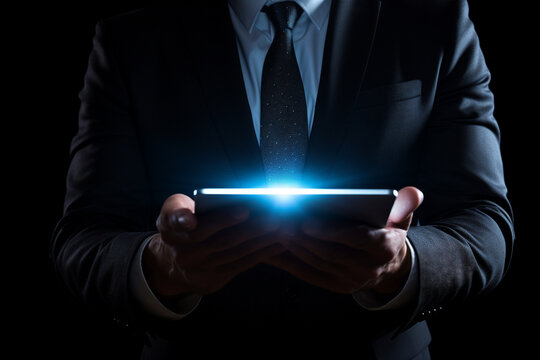 Businessman Holding Tablet Computer With Blue Glowing Screen