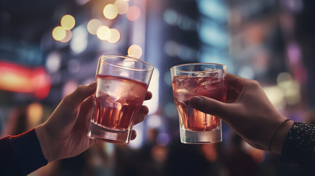 Hand holding glass of cocktail, people cheering, cheers, spending a moment together with friends, party, happy moment, nightclub, restaurant, cheering, family, going out in the city