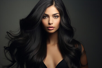 Fototapeta premium Generative AI illustration of charming attractive young model woman demonstrate amazing long black dyed hair style