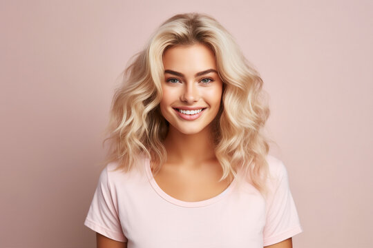 Generative AI portrait attractive young blonde hair girl smiling natural appearance beauty isolated pink wall background