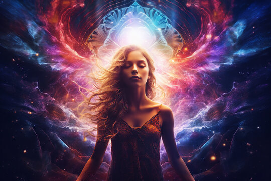 Picture of woman Astral body Psychedelic journey near death experience made by Generative AI