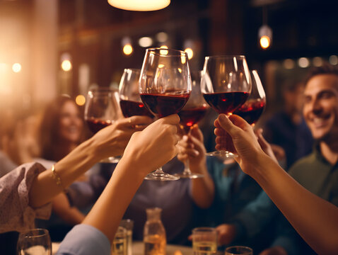 Hand holding glass of red wine , people cheering, cheers, spending a moment together with friends, party, happy moment, wine tasting, cheering, family